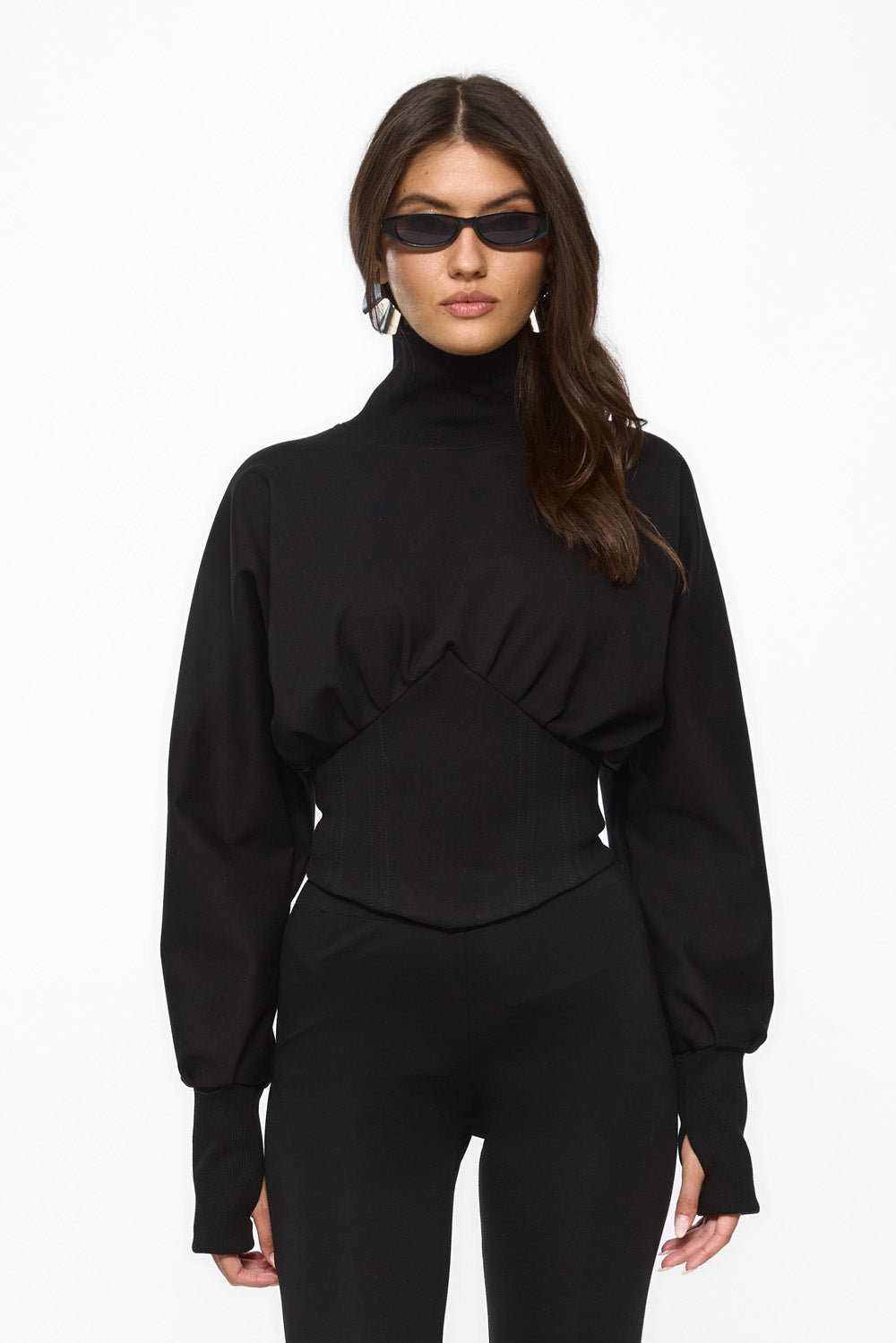 Top negru cu detalii corset și șnur din cristale Nice