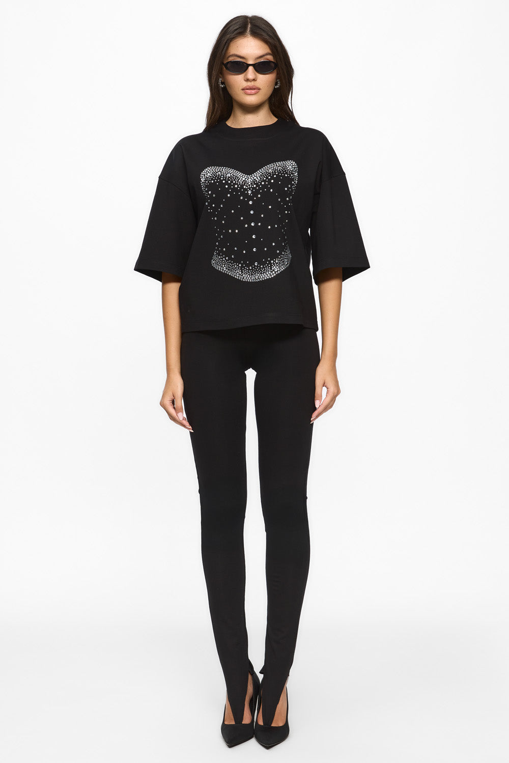 Tricou negru oversized cu aplicații de pietre strass Black Pearl