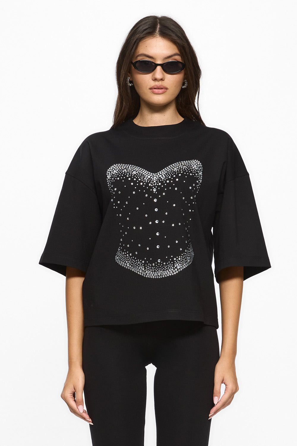 Tricou negru oversized cu aplicații de pietre strass Black Pearl