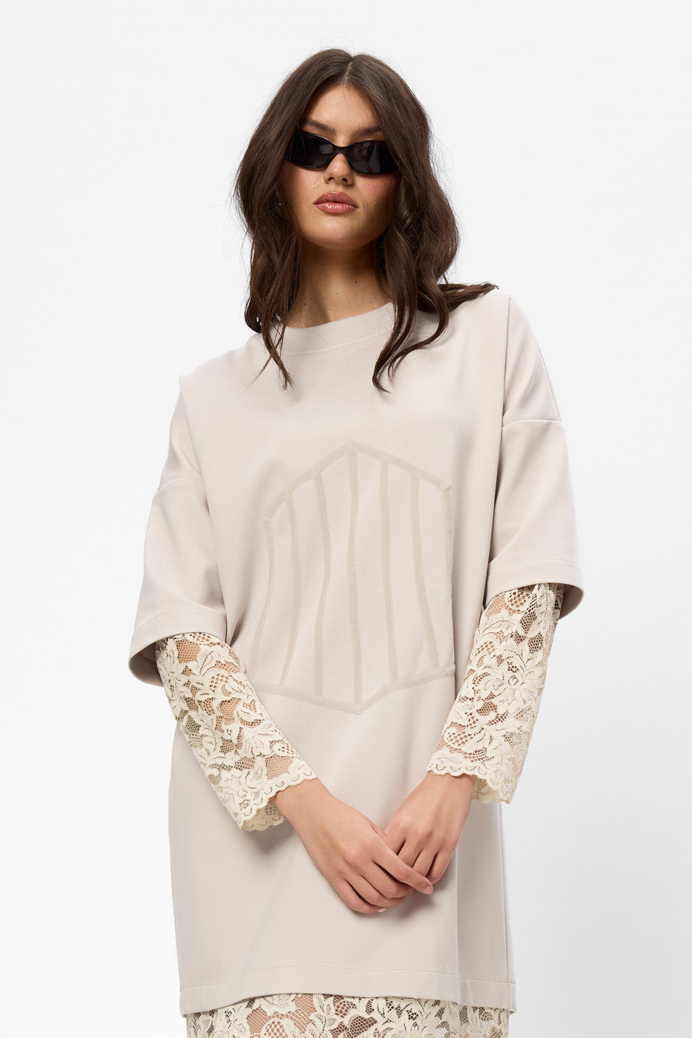 Venice vanilla Dress with lace skirt and sleeves