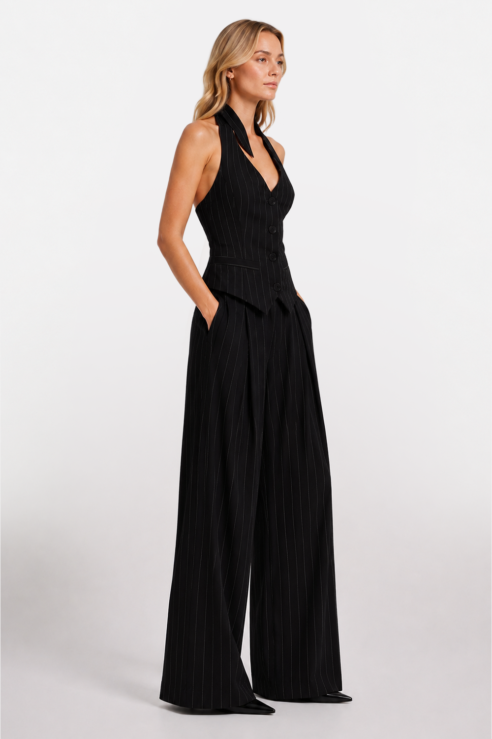Pantalon negru in dungi din stofa Kimi