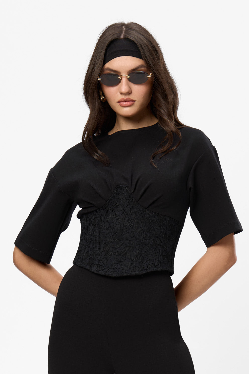 Marsilia Black Top with sheer lace corset