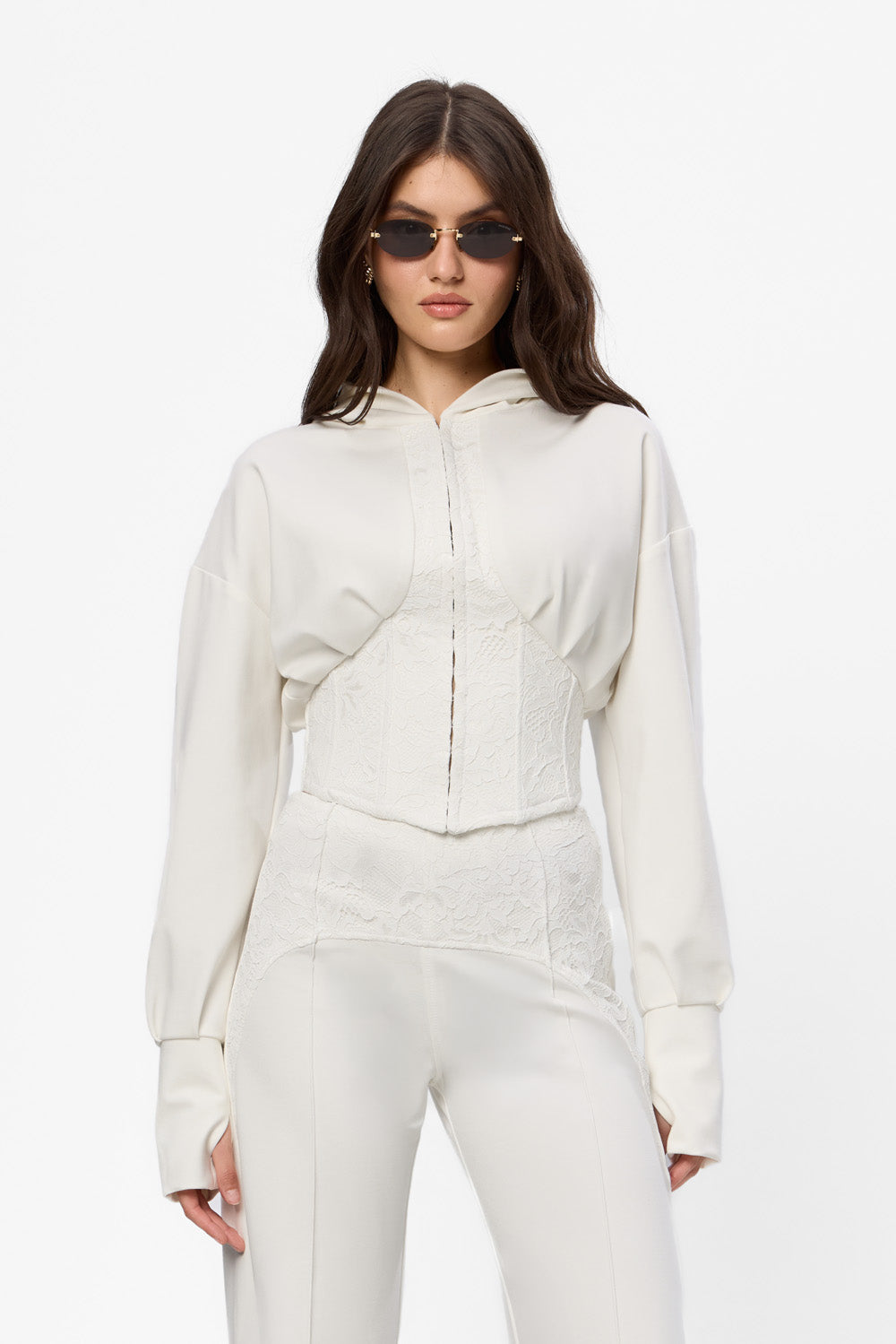 Karol off-white hoodie with a sheer lace corset