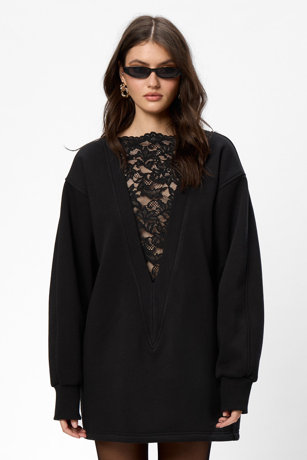Bipolar fleece Black Dress with sheer lace