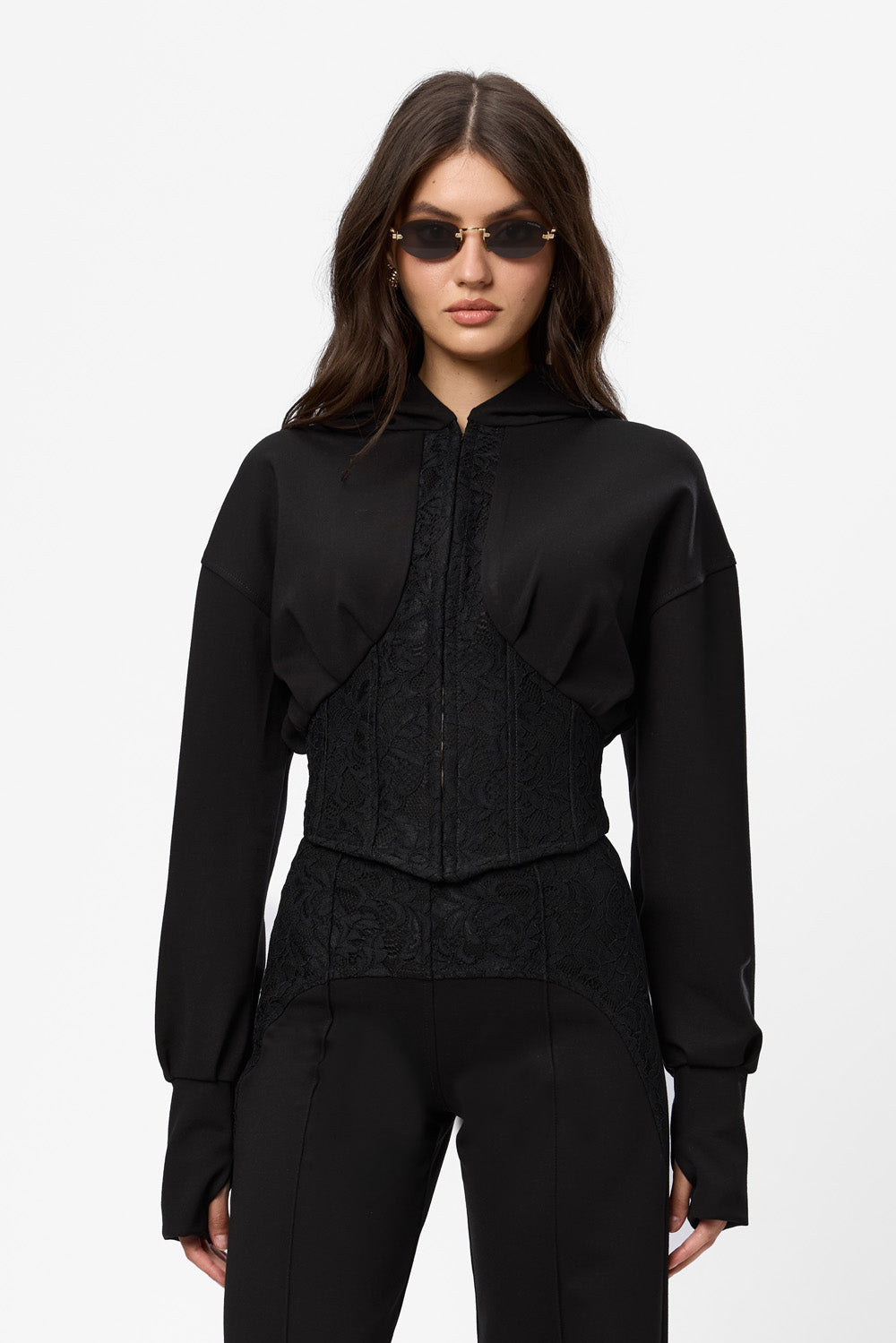 Karol black hoodie with a sheer lace corset