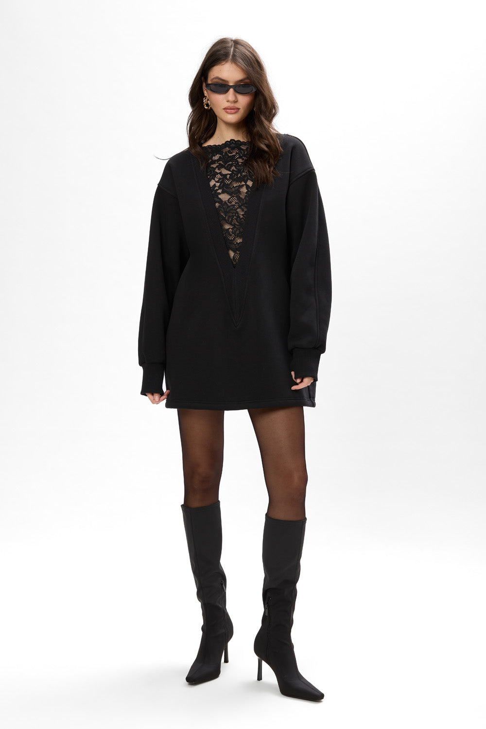 Bipolar fleece Black Dress with sheer lace