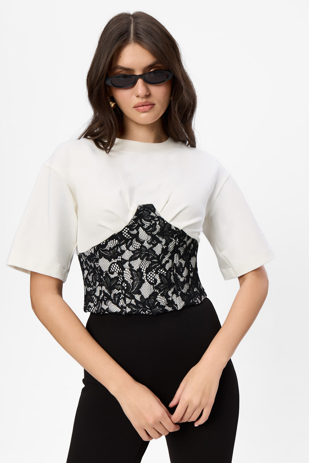 Marsilia Off-White Top with sheer lace corset