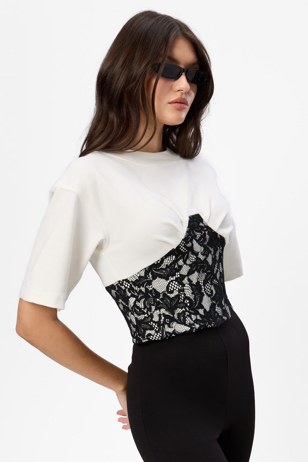 Marsilia Off-White Top with sheer lace corset