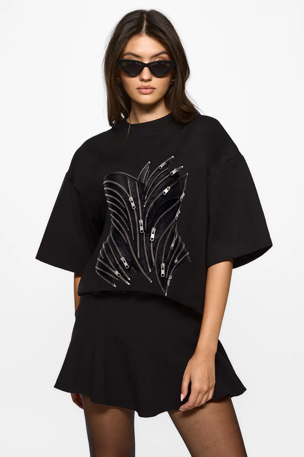 Zipper Corset printed Black T-Shirt