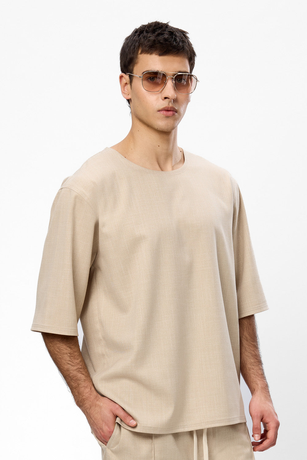 Tricou bej melanj din Stofa Thom