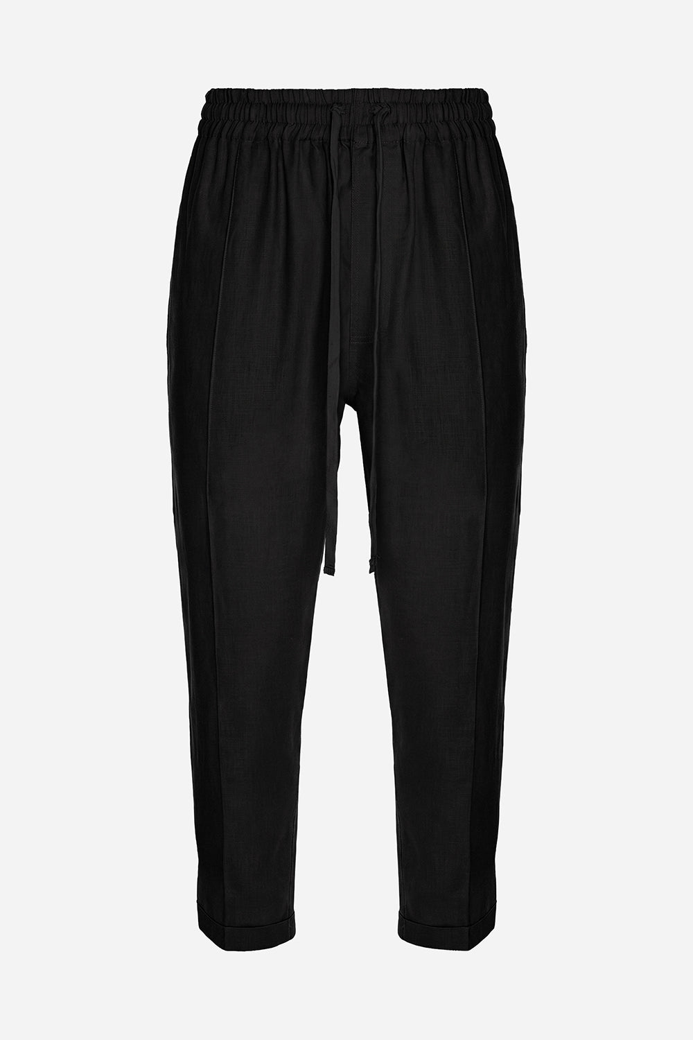 Pantaloni conici bărbați negri din in cu talie elastică și șnur reglabil, manechin invizibil, vedere din față