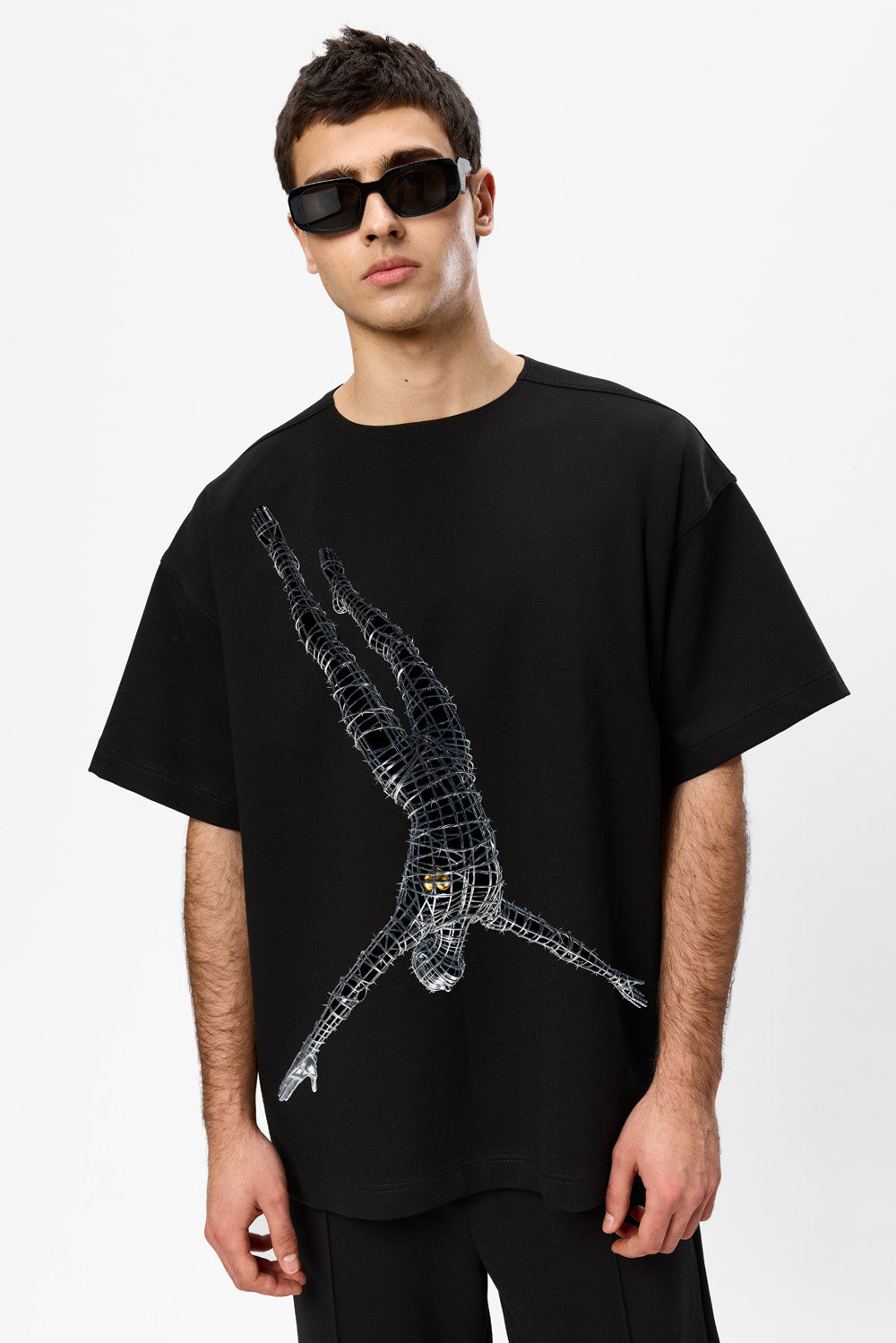 Gold Heart Printed Oversized Black T-Shirt