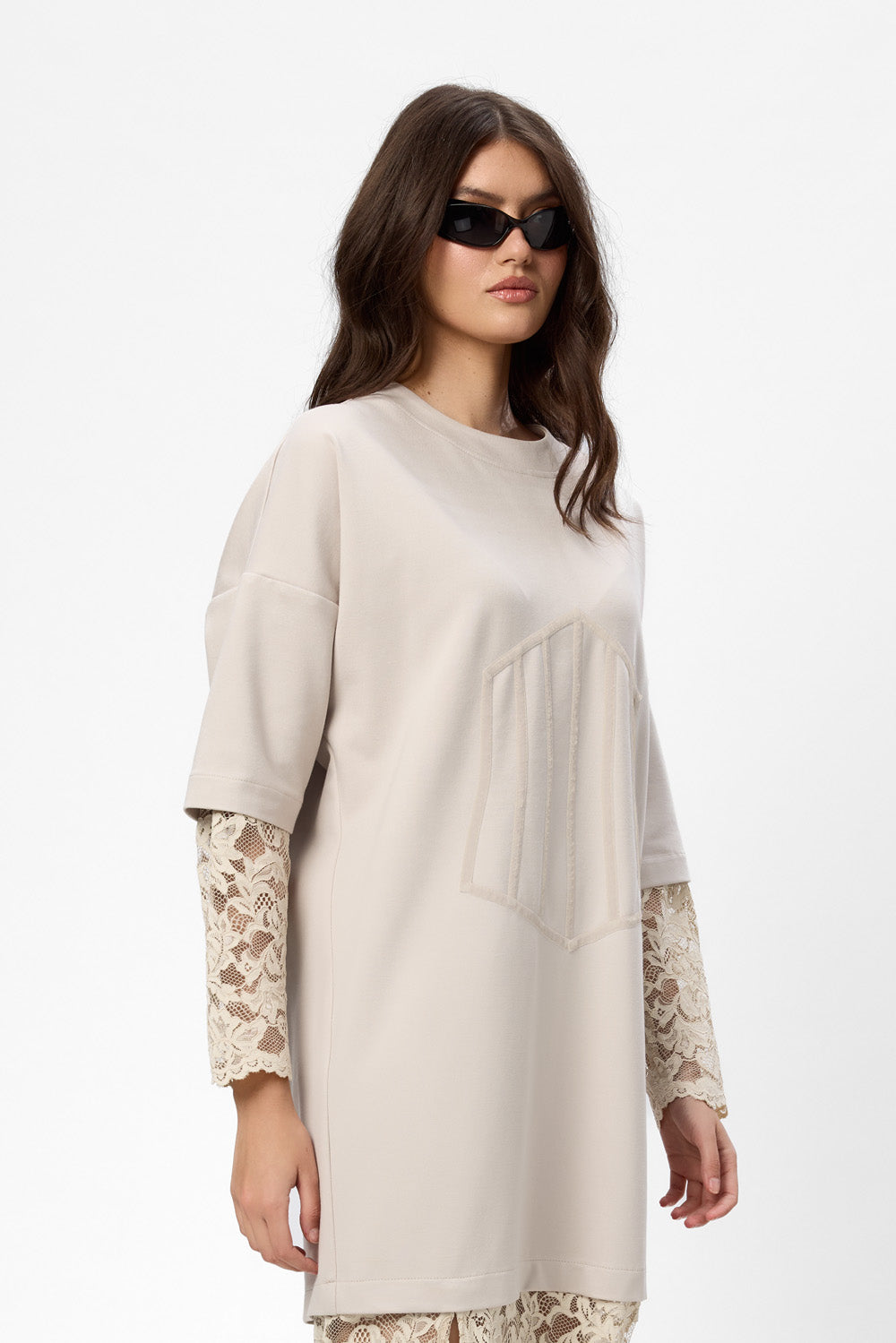 Venice vanilla Dress with lace skirt and sleeves