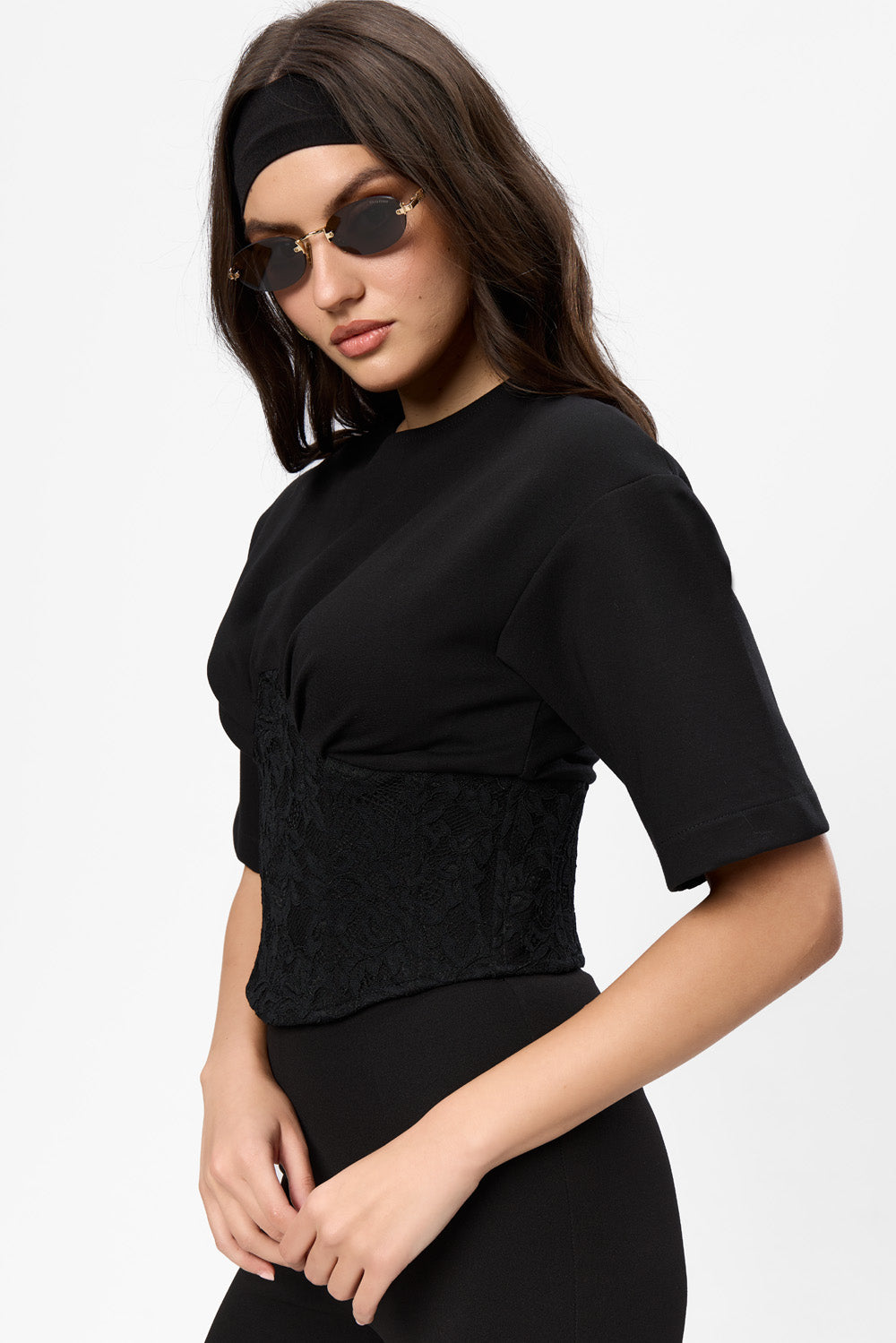 Marsilia Black Top with sheer lace corset