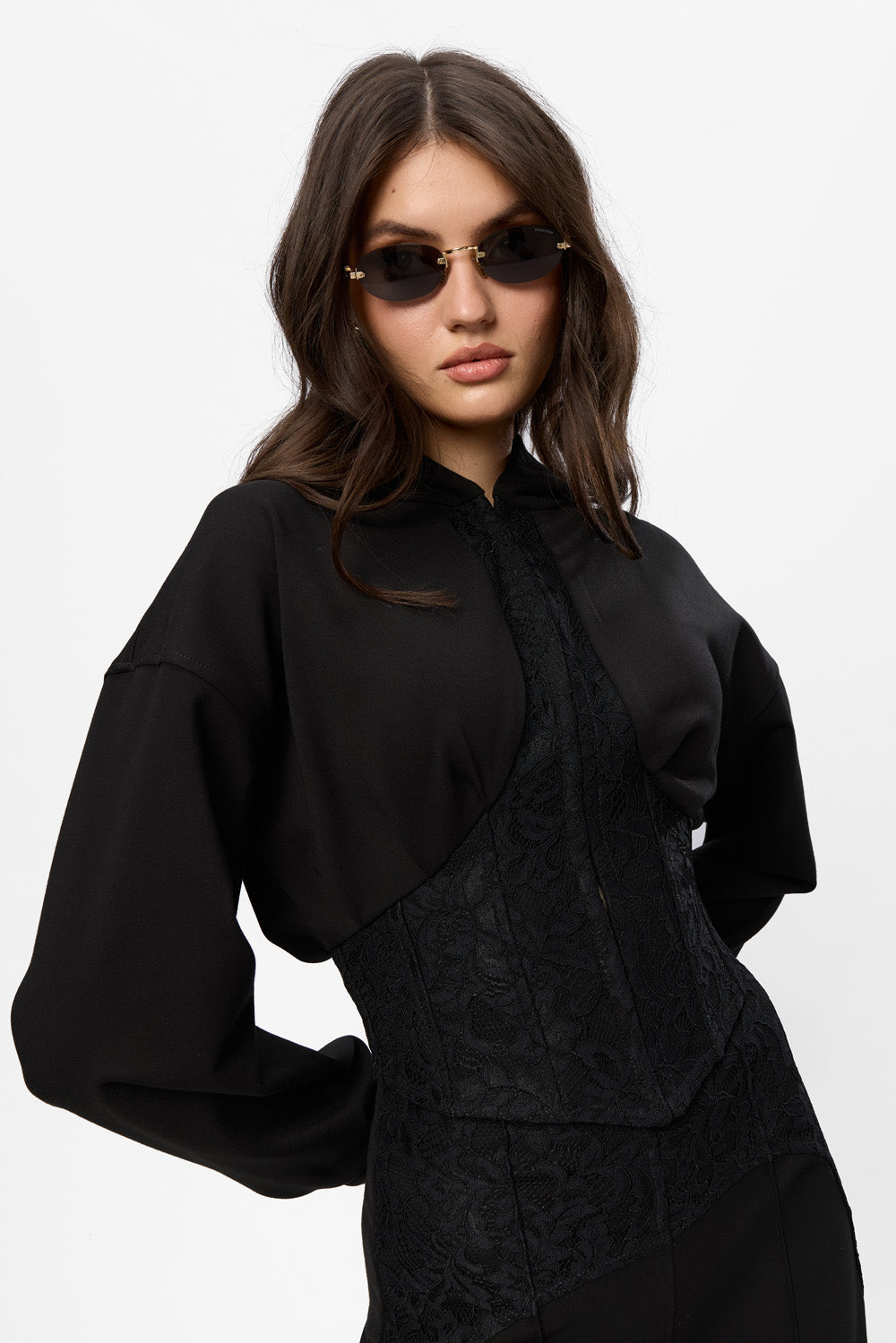 Karol black hoodie with a sheer lace corset