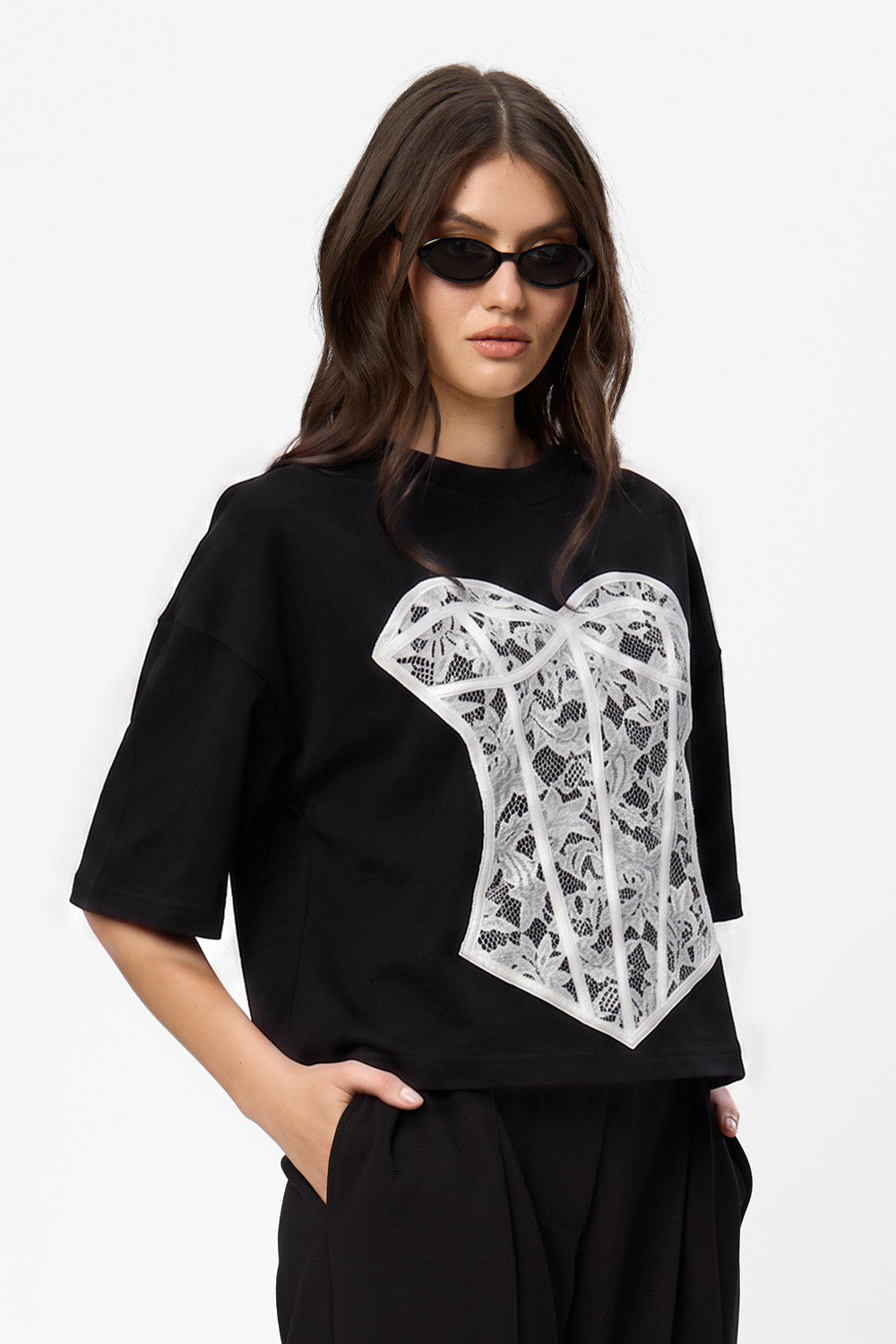 Tricou negru cu corset cusut Silhouette