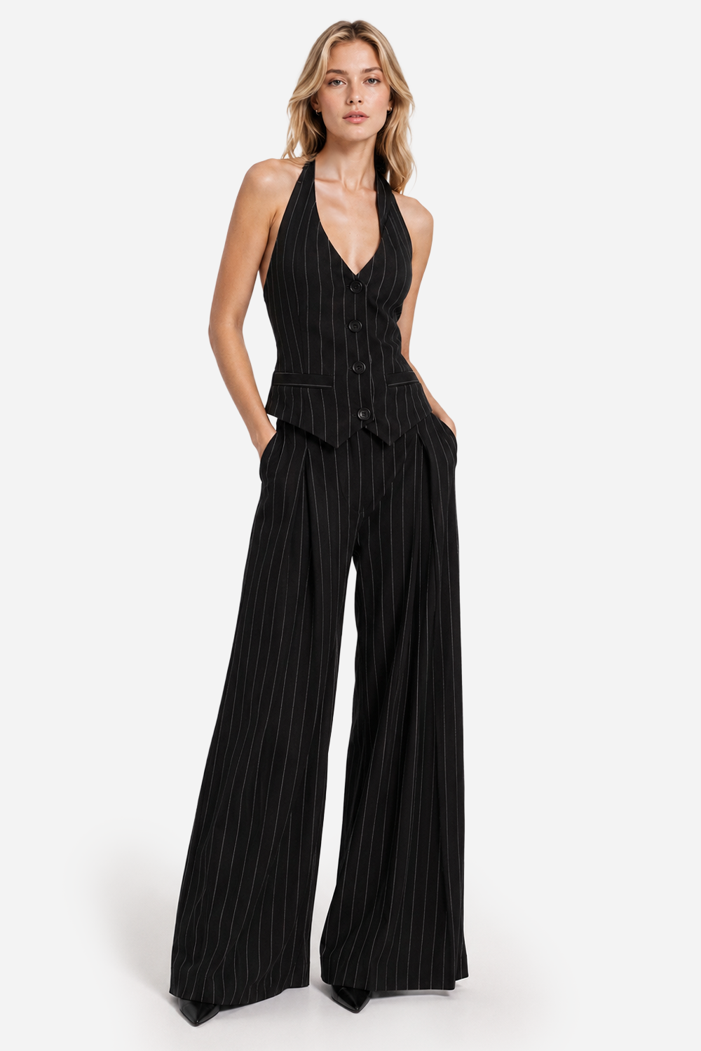 Pantalon negru in dungi din stofa Kimi