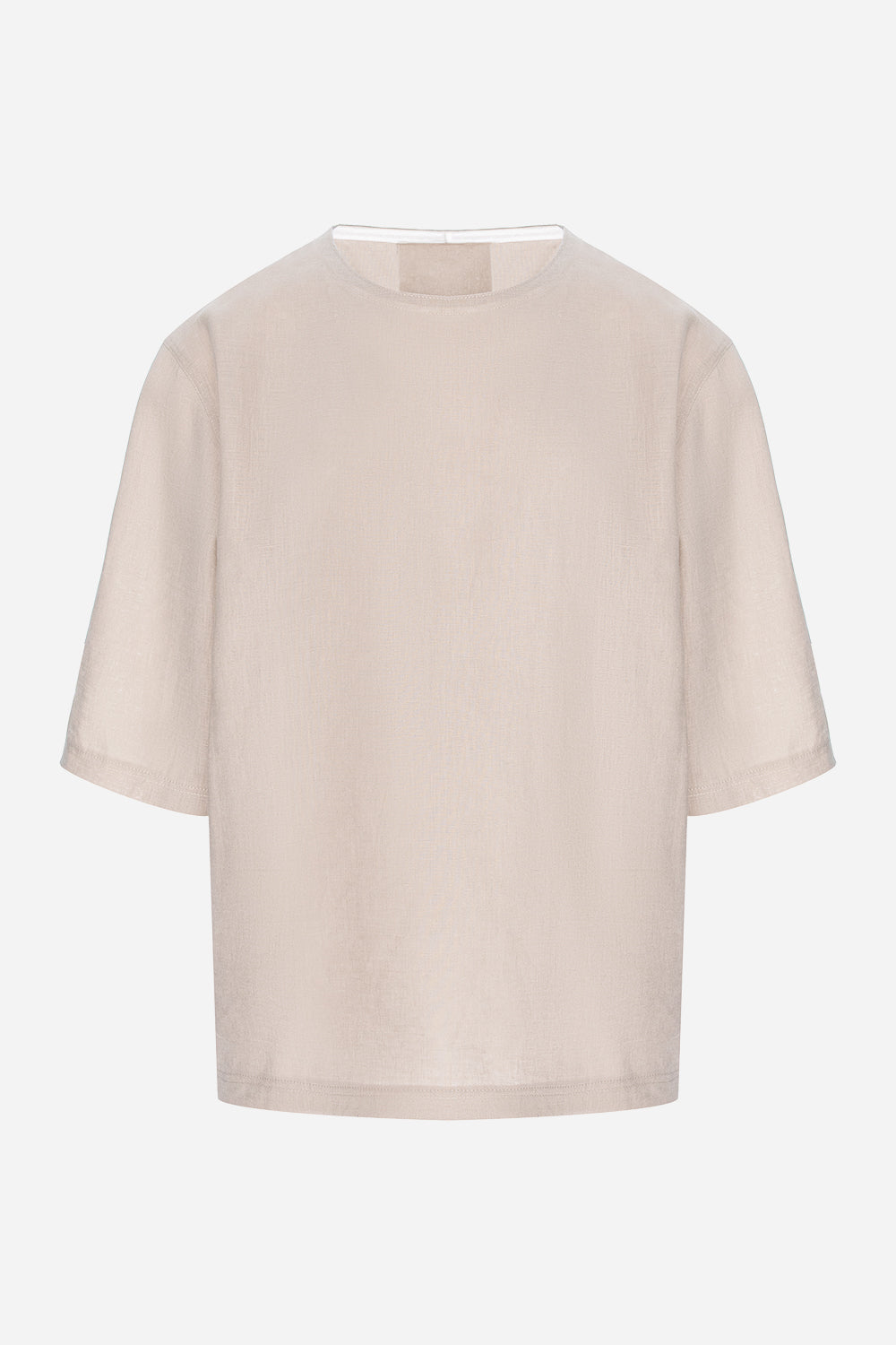 Tricou bărbați bej din in cu guler rotund și cusătură decorativă pe spate, manechin invizibil, vedere din față