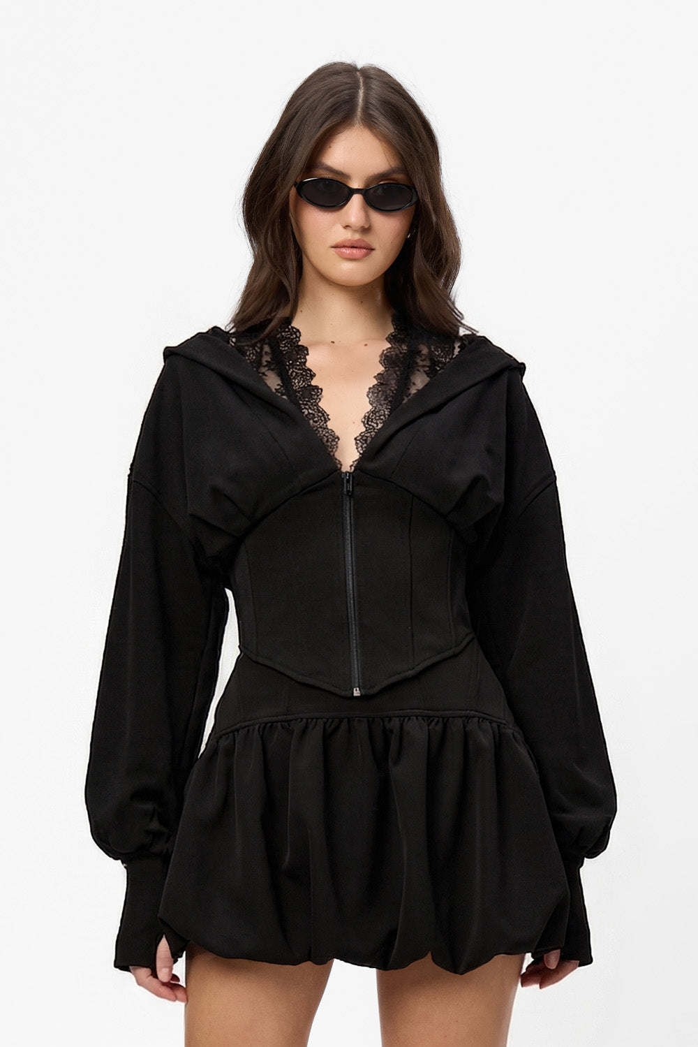 Hanorac negru cu corset si dantela Karol V2