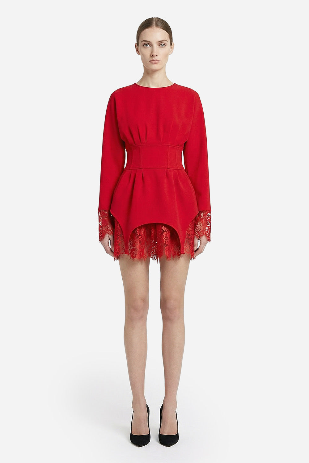 Rochie rosie cu dantela si portjartiere Kaya V2