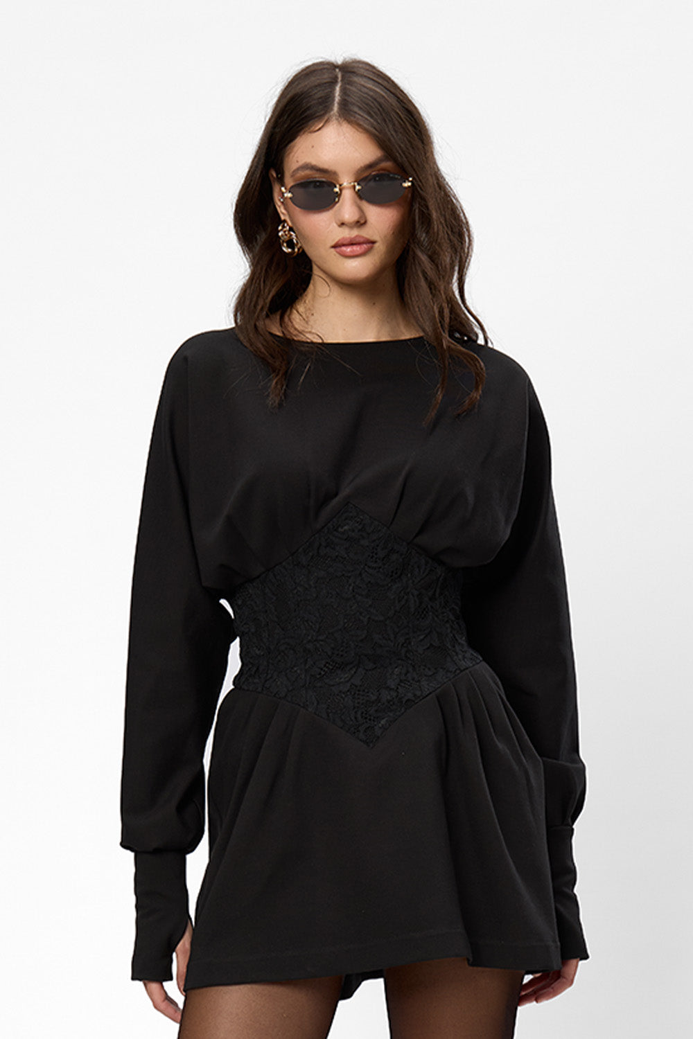 Rochie neagră cu detalii corset din dantela Nyssa