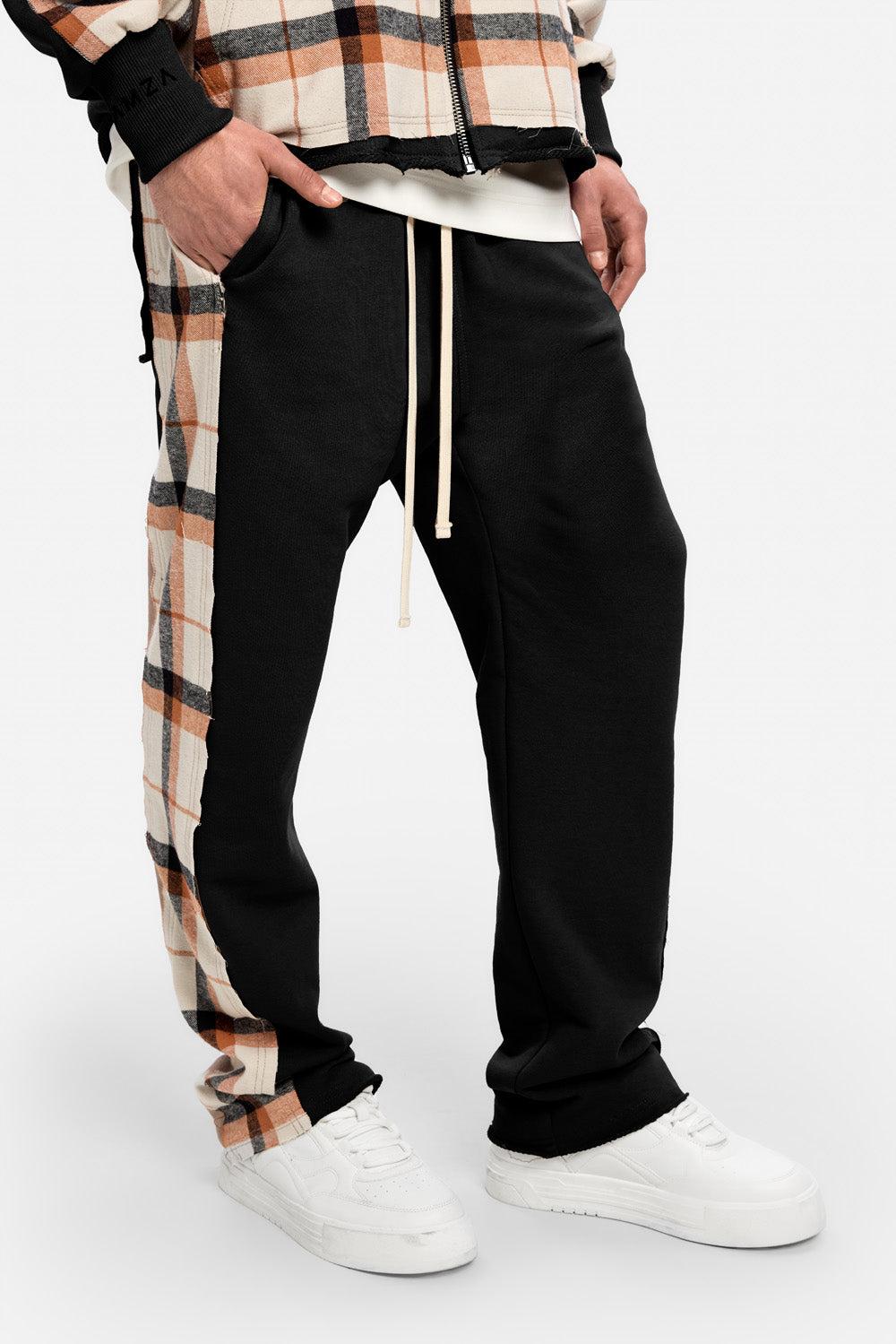 Pantaloni de trening negri cu insertii de camasa bej Nocturno