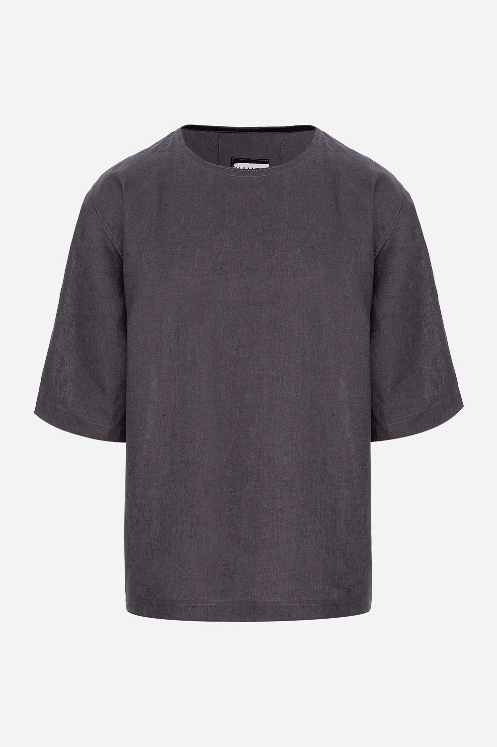 Tricou bărbați gri din in cu guler rotund și cusătură decorativă pe spate, manechin invizibil, vedere din față