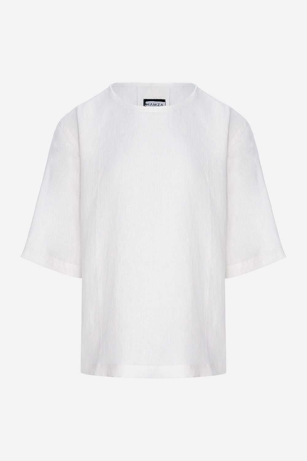 Tricou bărbați alb din in cu guler rotund și cusătură decorativă pe spate, manechin invizibil, vedere din față