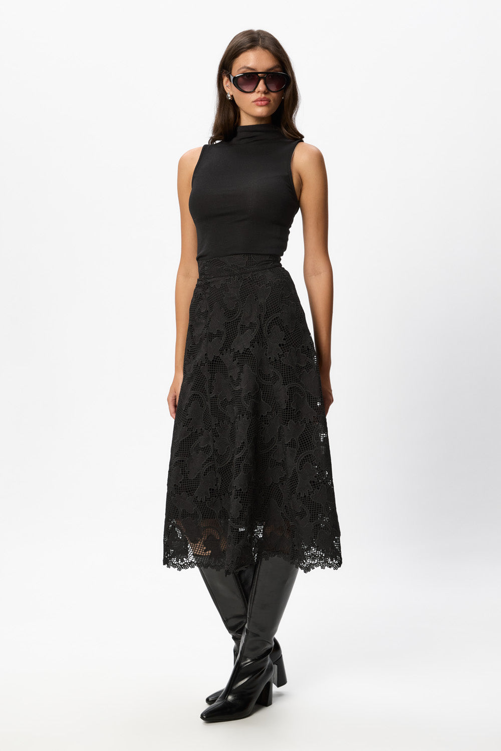Fusta Midi din dantela  Neagra Snowflake V3