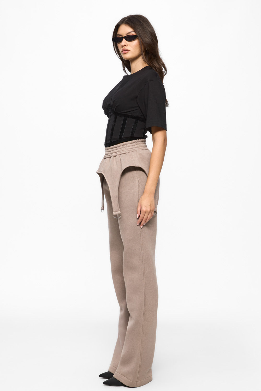 Pantaloni de trening flausati bej cu portjartiere Goddess