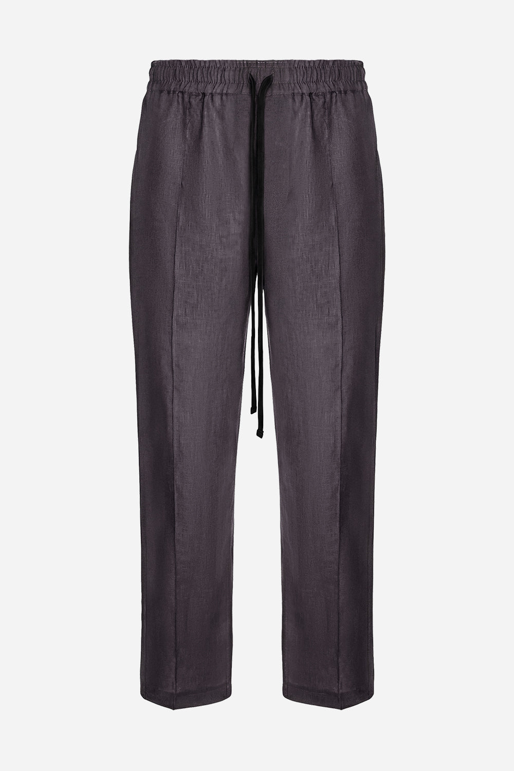 Pantaloni drepți bărbați gri din in cu talie elastică și șnur reglabil, manechin invizibil, vedere din față