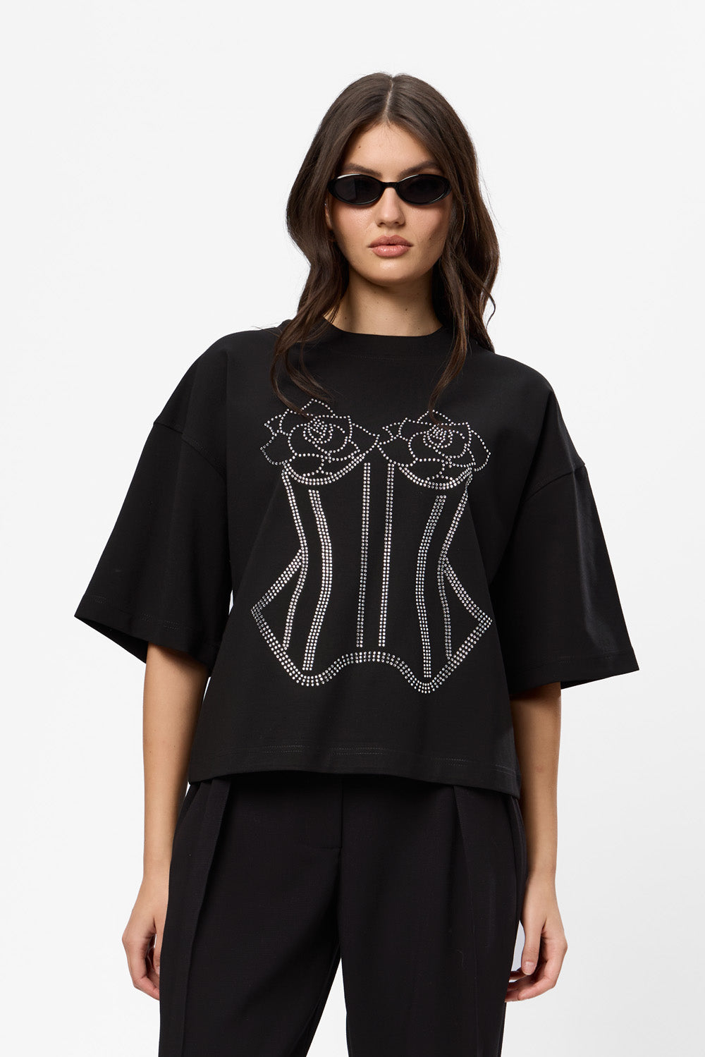 Tricou negru oversized cu aplicații de pietre strass Black Pearl