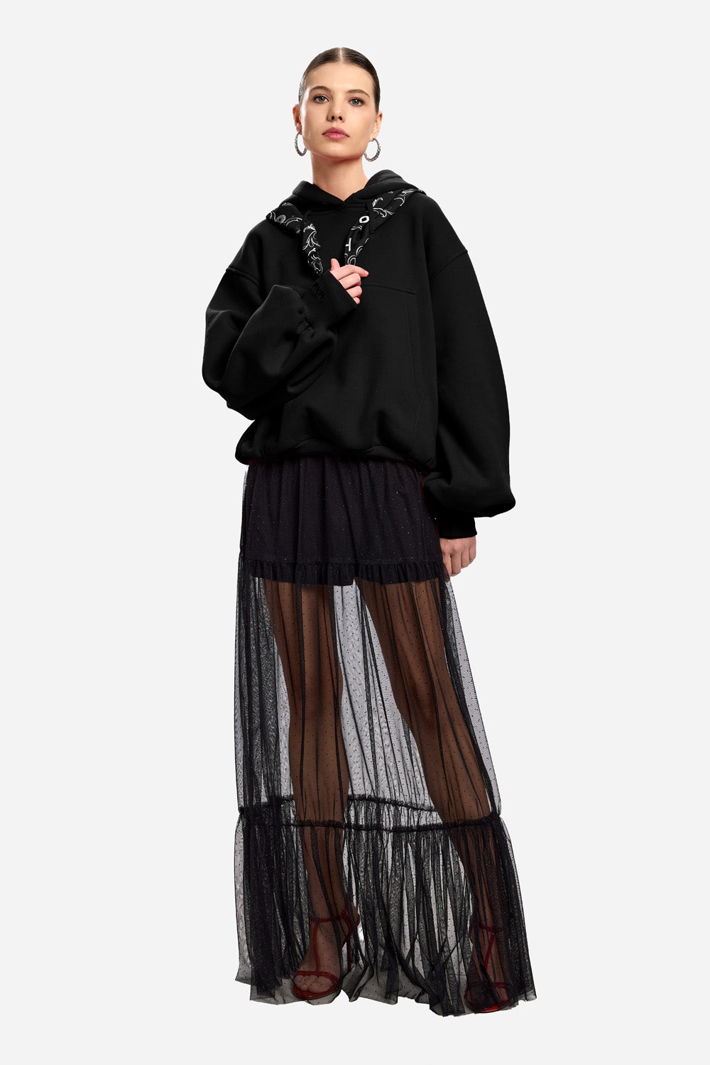 Hanorac flausat negru cu esarfa Scarlett