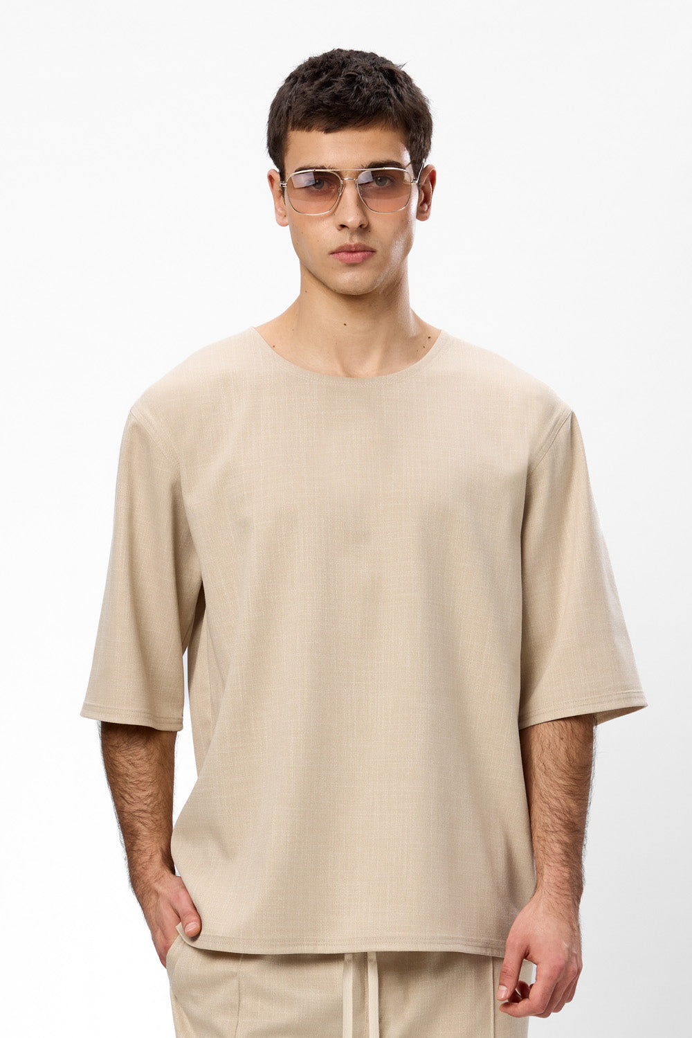 Tricou bej melanj din Stofa Thom