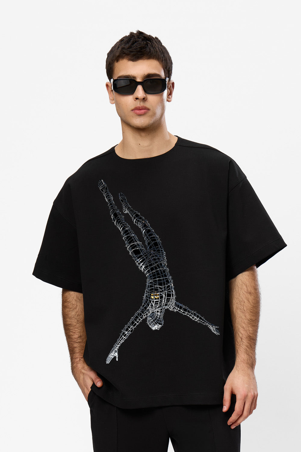 Gold Heart Printed Oversized Black T-Shirt