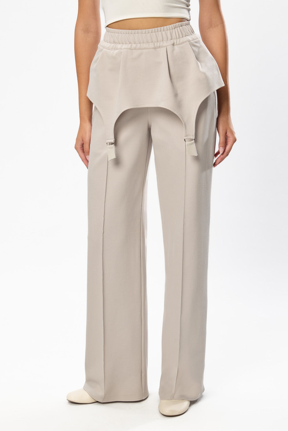 Pantaloni off-white cu talie elastica si portjartiere Goddess 