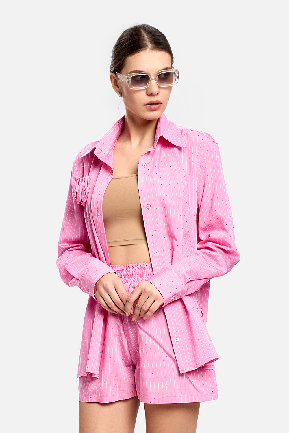 Camasa roz din poplin cu strasuri aplicate Capri