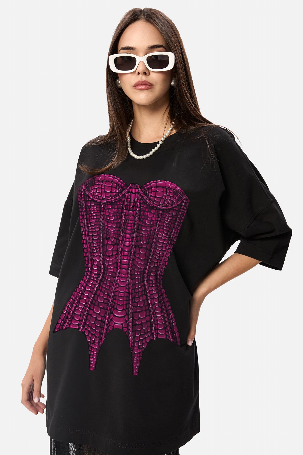 Corset printed velvet black t-shirt dress W