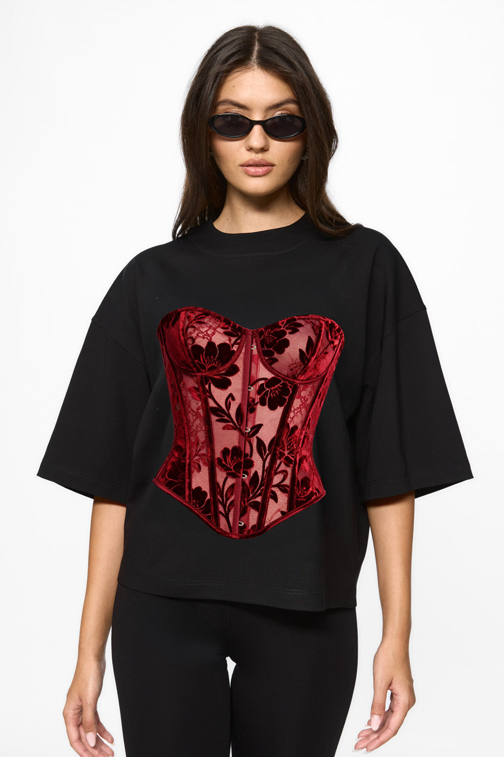 Tricou negru cu imprimeu Red Lace