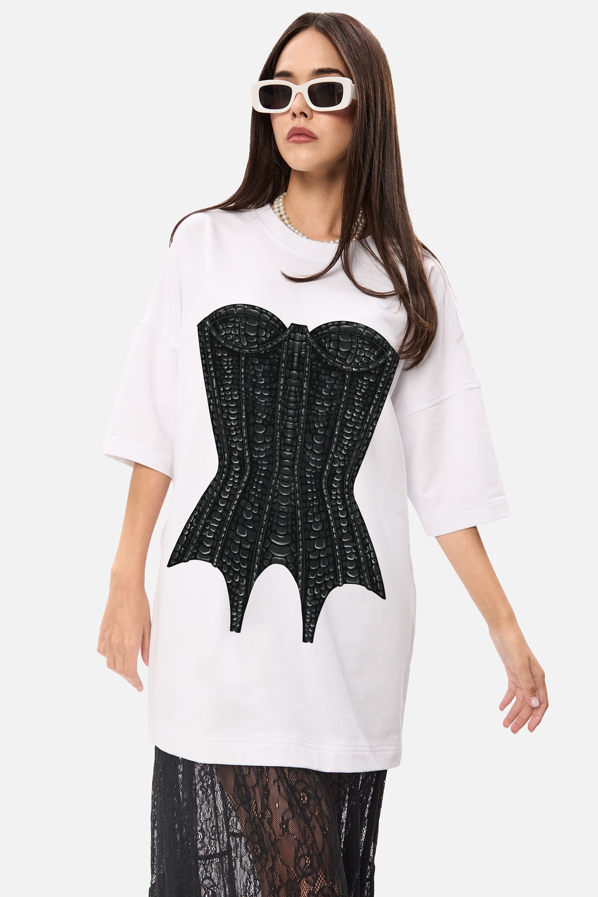 Tricou rochie alb cu imprimeu Corset Negru