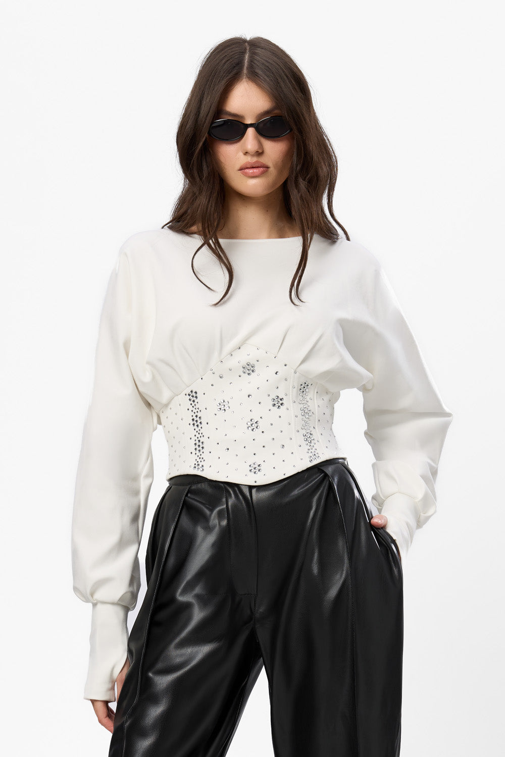 Top off-white cu corset si strasuri aplicate Nyssa