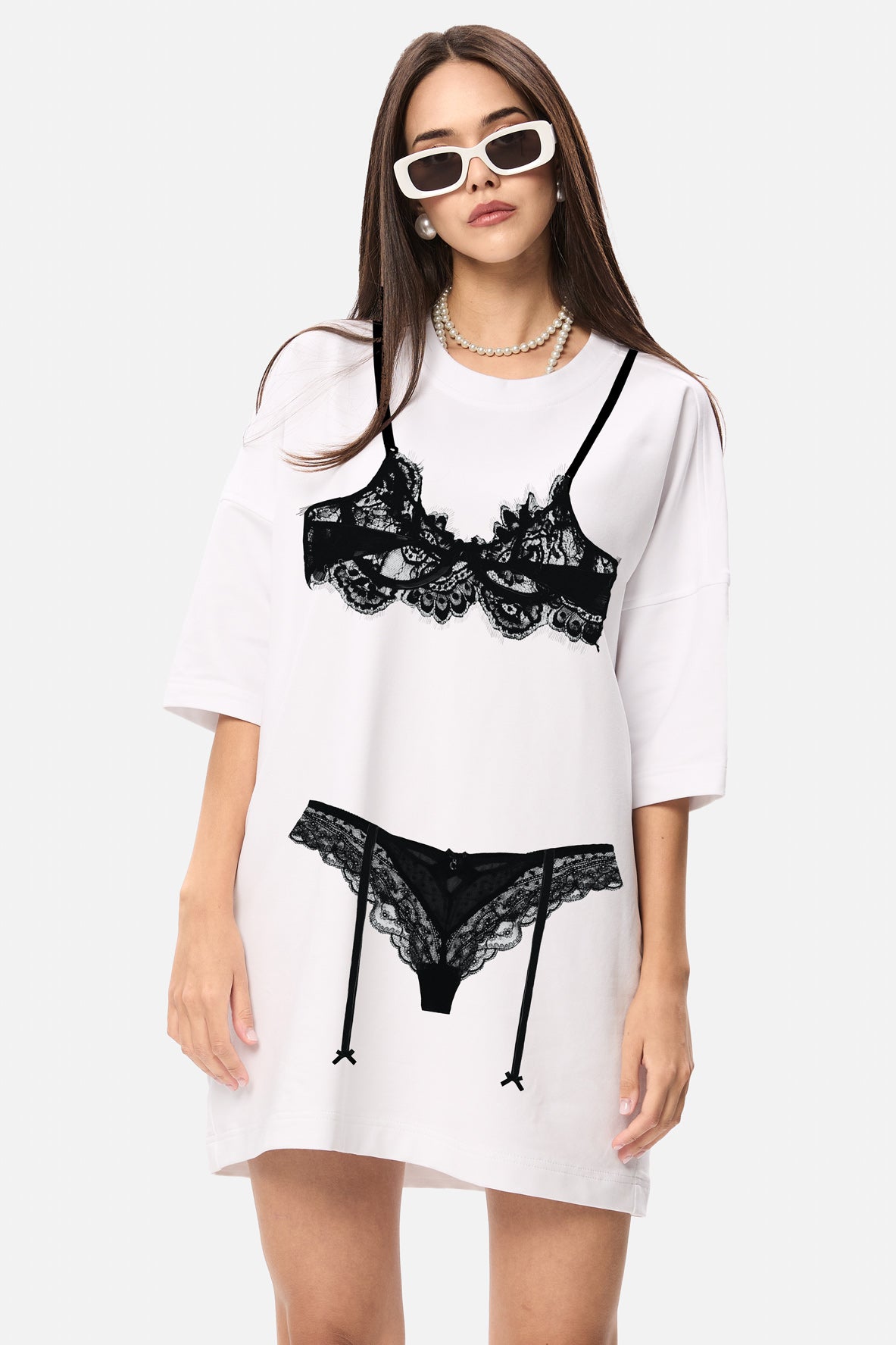 Tricou rochie alb cu imprimeu Lingerie