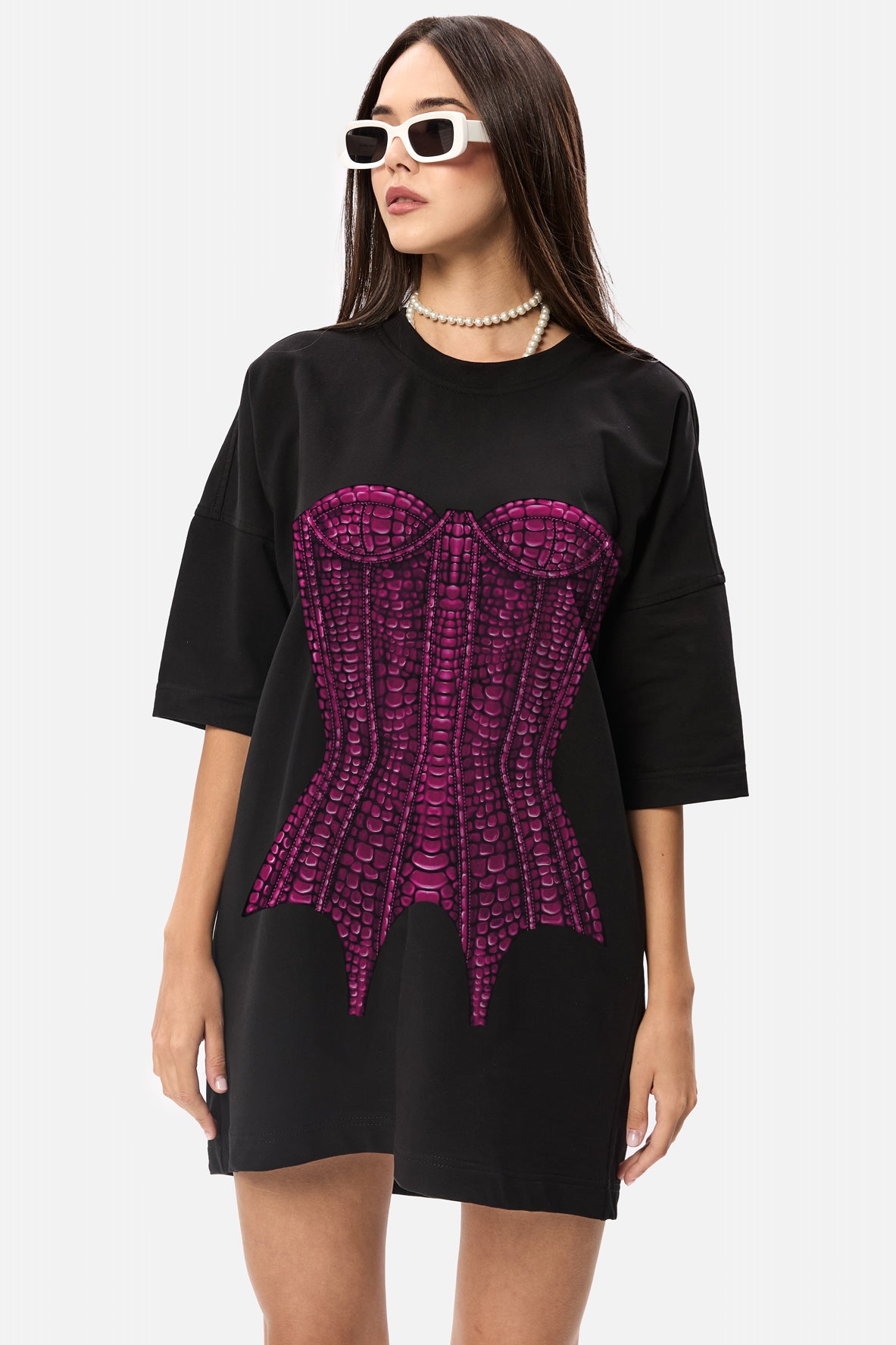 Tricou rochie negru cu imprimeu Corset Velvet