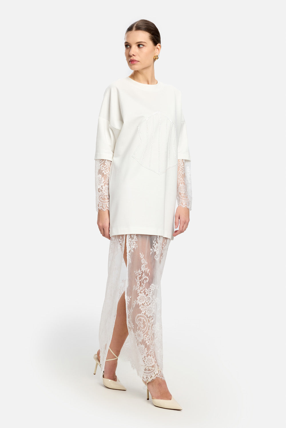 Venice off white Dress with lace skirt and sleeves