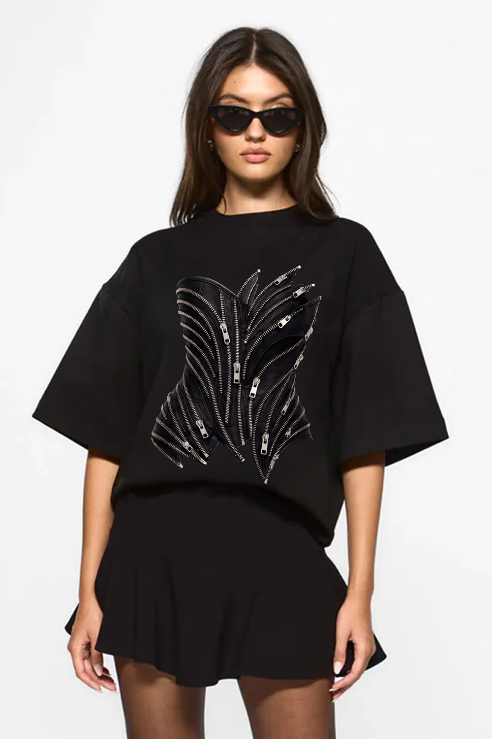 Zipper Corset printed Black T-Shirt