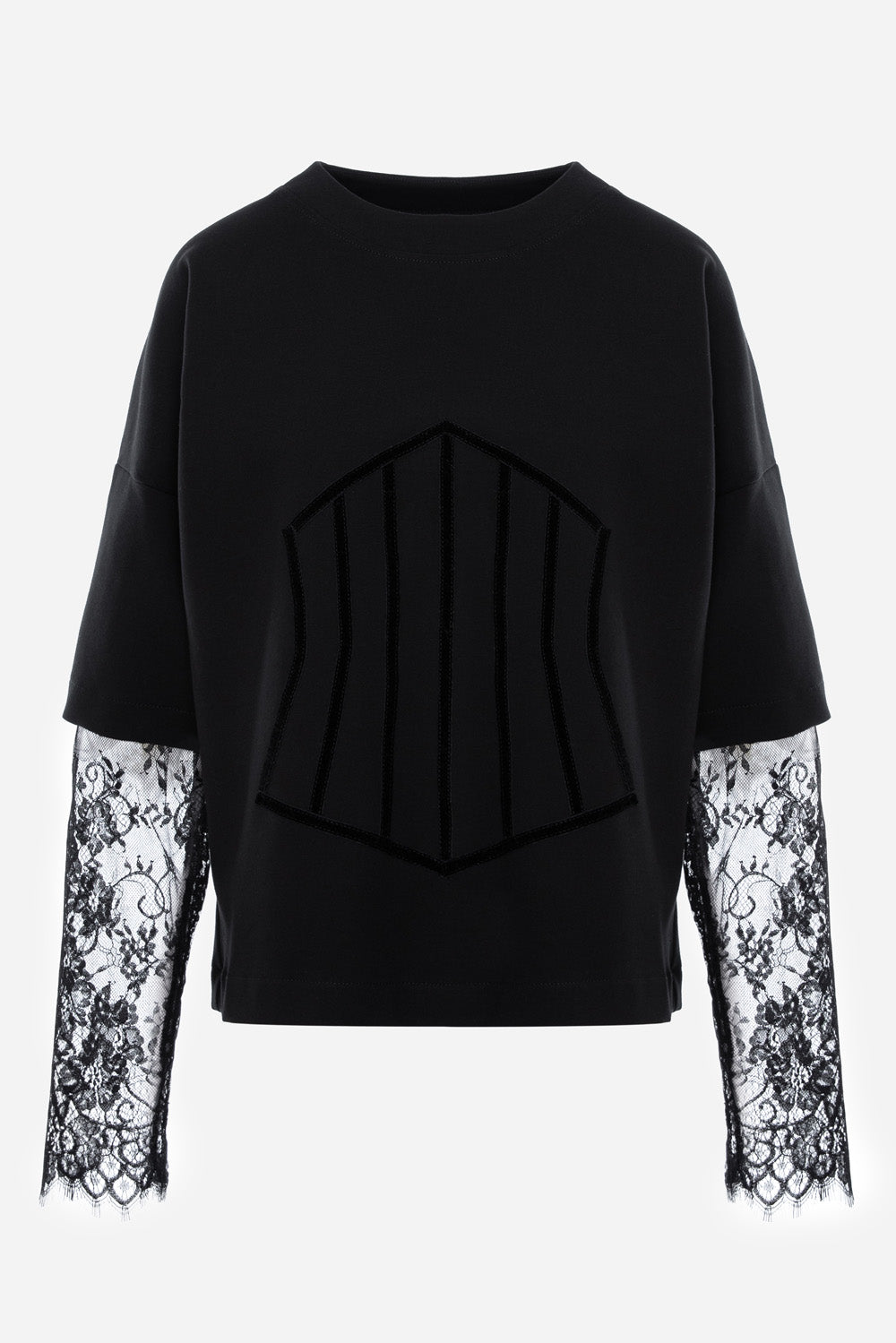 Top negru cu maneci de dantela si cu corset Venice
