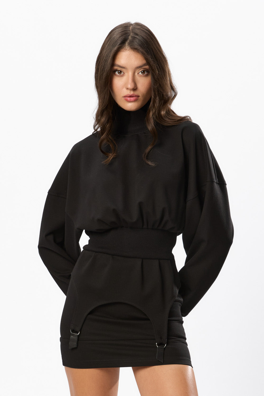 Rochie mini neagra cu portjartiere Goddess