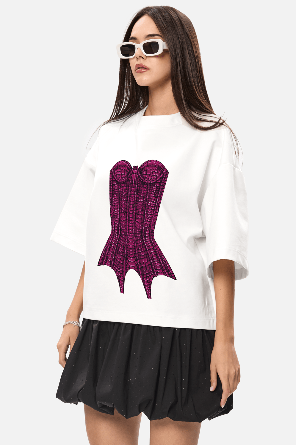 Tricou alb oversized cu imprimeu velvet