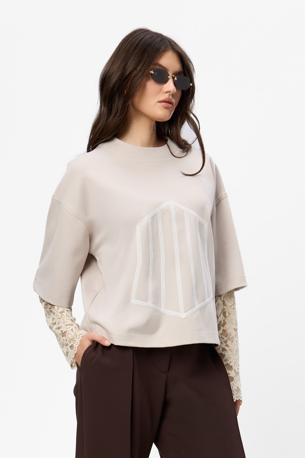 Top vanilla cu maneci de dantela si cu corset Venice