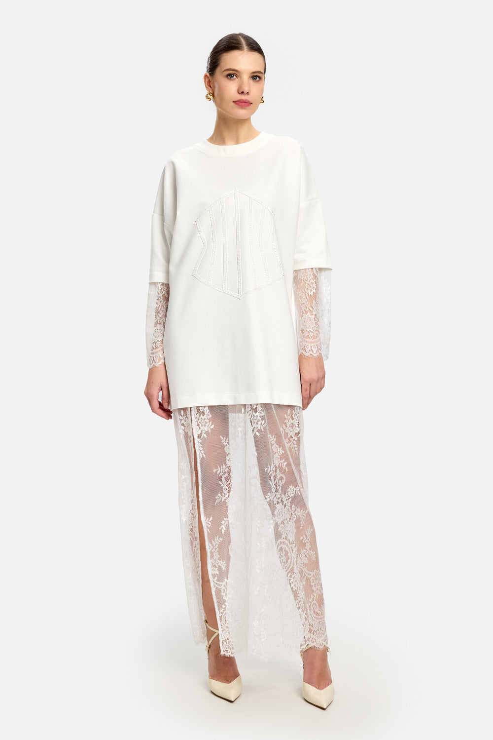 Venice off white Dress with lace skirt and sleeves